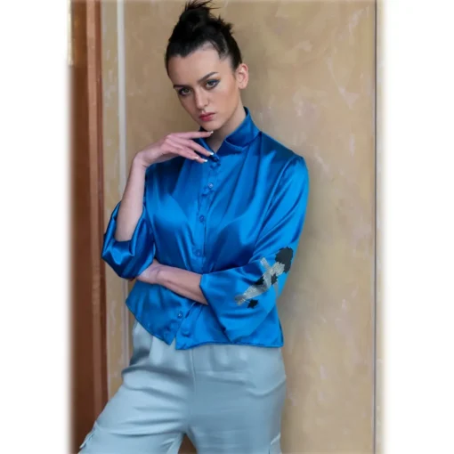Pael\u00ec Couture Paelì Couture - Hand Painted Pure Italian Silk Shirt - Blue - Shirt - Made in Italy - Luxury Exclusive Collection - Avvenice