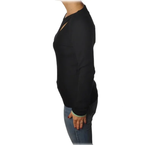 Patrizia Pepe - Crew-Neck Sweater with Opening on the Front - Black - Pullover - Made in Italy - Luxury Exclusive Collection - Avvenice