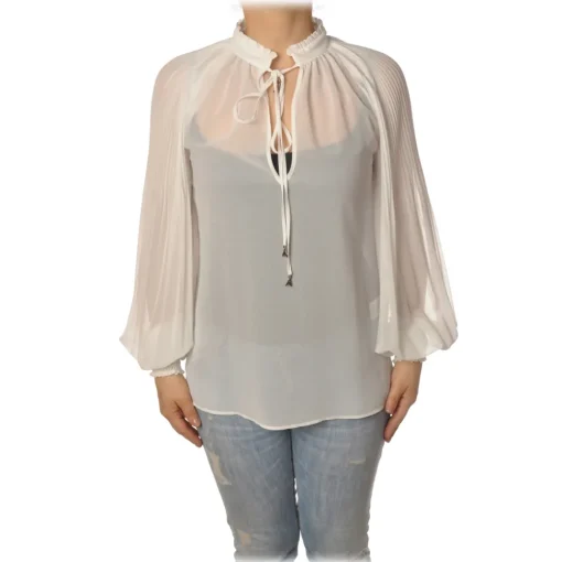 Patrizia Pepe - Pleated Blouse with Korean Collar - White - Shirt - Made in Italy - Luxury Exclusive Collection - Avvenice