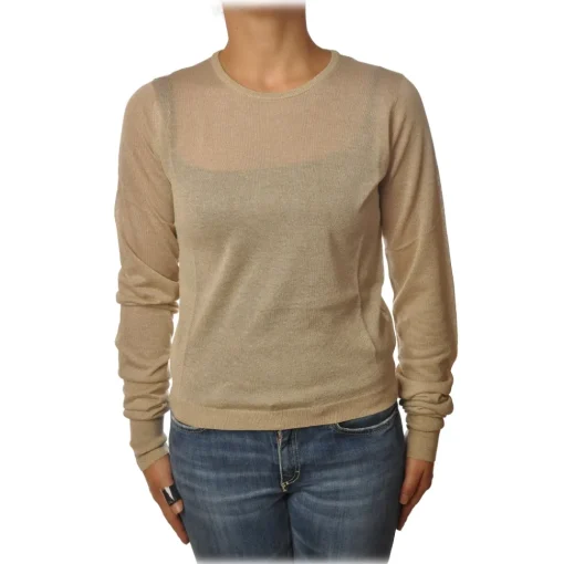 Patrizia Pepe - Sweater Crew-neck in Laminated Yarn - Beige - Pullover - Made in Italy - Luxury Exclusive Collection - Avvenice^ Knitwears