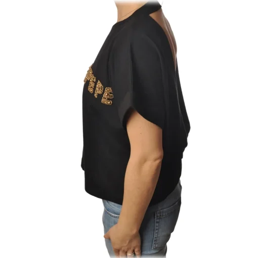 Patrizia Pepe - Sweatshirt Short Sleeve with Opening on the Back - Black - T-shirt - Made in Italy - Luxury Exclusive Collection - Avvenice^ Sweatshirts