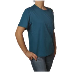 Patrizia Pepe - T-shirt Round-Neck Model Brooch Detail - Petrol Blue - T-shirt - Made in Italy - Luxury Exclusive Collection - Avvenice^ T-shirt