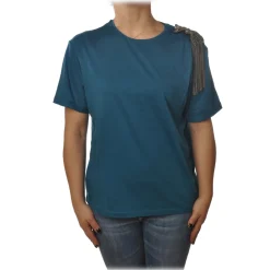 Patrizia Pepe - T-shirt Round-Neck Model Brooch Detail - Petrol Blue - T-shirt - Made in Italy - Luxury Exclusive Collection - Avvenice^ T-shirt