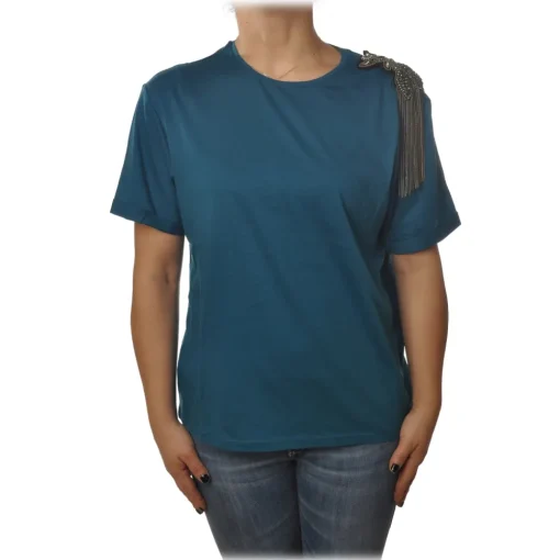 Patrizia Pepe - T-shirt Round-Neck Model Brooch Detail - Petrol Blue - T-shirt - Made in Italy - Luxury Exclusive Collection - Avvenice^ T-shirt