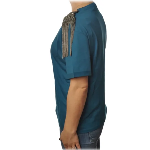 Patrizia Pepe - T-shirt Round-Neck Model Brooch Detail - Petrol Blue - T-shirt - Made in Italy - Luxury Exclusive Collection - Avvenice^ T-shirt