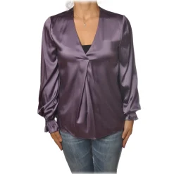 Pinko - Blouse Renzo with Long Sleeve and V-neck in Silk - Purple - Shirt - Made in Italy - Luxury Exclusive Collection - Avvenice^ Shirts