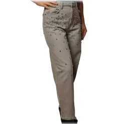 Pinko - Boyfriend Jeans Maddie8 in Gray Canvas with Strass - Gray - Trousers - Made in Italy - Luxury Exclusive Collection - Avvenice