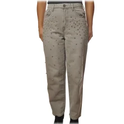 Pinko - Boyfriend Jeans Maddie8 in Gray Canvas with Strass - Gray - Trousers - Made in Italy - Luxury Exclusive Collection - Avvenice
