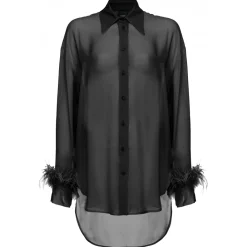 Pinko - Shirt with Feather Trim Cuffs Detail - Black - Shirts - Made in Italy - Luxury Exclusive Collection - Avvenice^ Shirts