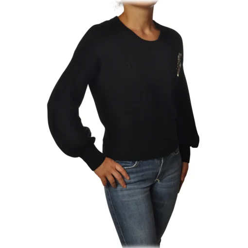 Pinko - Sweater Chissa Crewneck with Jewel Brooch - Black - Sweater - Made in Italy - Luxury Exclusive Collection - Avvenice^ Knitwears