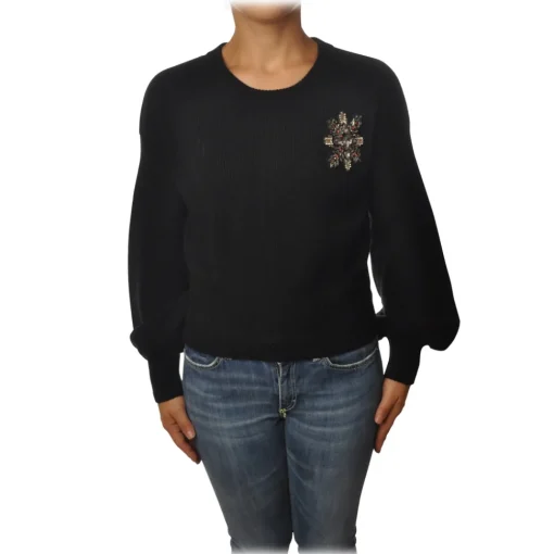 Pinko - Sweater Chissa Crewneck with Jewel Brooch - Black - Sweater - Made in Italy - Luxury Exclusive Collection - Avvenice^ Knitwears