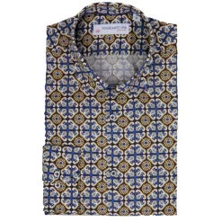 Poggianti 1958 Poggianti 1985 - Light Blue / Brown Patterned Shirt with Soft Collar - Handmade in Italy - New Luxury Exclusive Collection - Avvenice