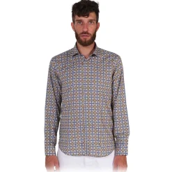 Poggianti 1958 Poggianti 1985 - Light Blue / Brown Patterned Shirt with Soft Collar - Handmade in Italy - New Luxury Exclusive Collection - Avvenice