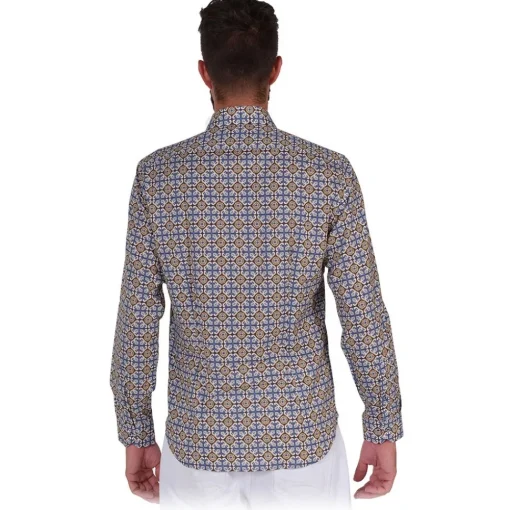 Poggianti 1958 Poggianti 1985 - Light Blue / Brown Patterned Shirt with Soft Collar - Handmade in Italy - New Luxury Exclusive Collection - Avvenice