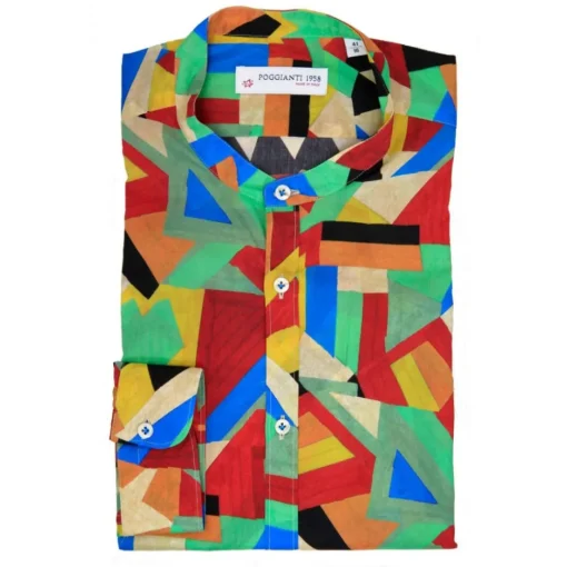 Poggianti 1958 Poggianti 1985 - Multicolor Geometric Fantasy Shirt, Korean Collar - Handmade in Italy - New Luxury Exclusive Collection - Avvenice^ Shirts