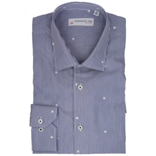 Poggianti 1958 Poggianti 1985 - White / Blue Striped Shirt Classic Collar - Handmade in Italy - New Luxury Exclusive Collection - Avvenice^ Shirts