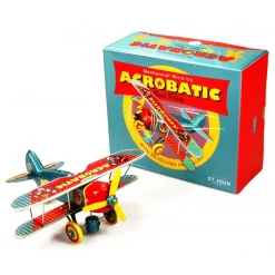 Saint John - Acrobatic Bear Plane Aeroplano Acrobatico Orso - Collectible Retro Wind Up Tin Toy - Metallic Blue Red - Tin Toys - Avvenice^ Games