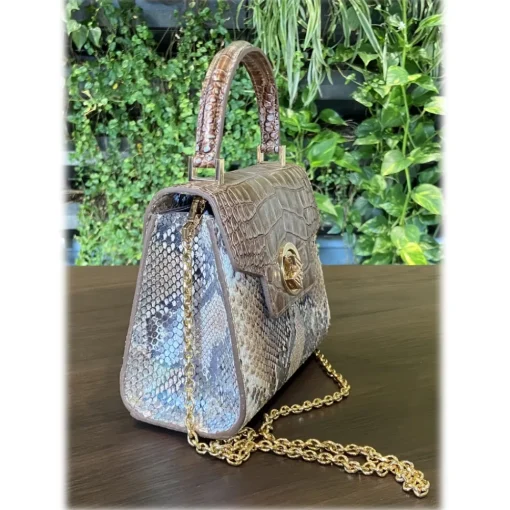 Su\u00e8i Suèi - Bag of Medium Size of Python & Crocodile Leather - Beige - Handmade in Italy - Luxury Exclusive Collection - Avvenice