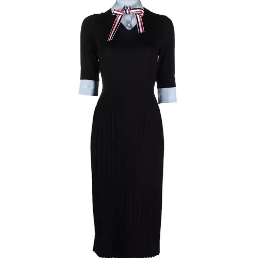 Thom Browne - V Neck Pleated Botton Dress Combo - Exclusive Luxury Collection - Avvenice