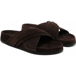 Tom Ford - Chocolate Brown Calf Suede Crossover Logo Strap Slides - Exclusive Luxury Collection - Avvenice
