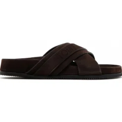 Tom Ford - Chocolate Brown Calf Suede Crossover Logo Strap Slides - Exclusive Luxury Collection - Avvenice