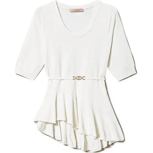 Twinset - Asymmetrical Seamless Sweater - White - Top - Made in Italy - Luxury Exclusive Collection - Avvenice