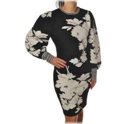 Twinset - Crew-neck Dress in Flower Pattern - Black/White - Dress - Made in Italy - Luxury Exclusive Collection - Avvenice