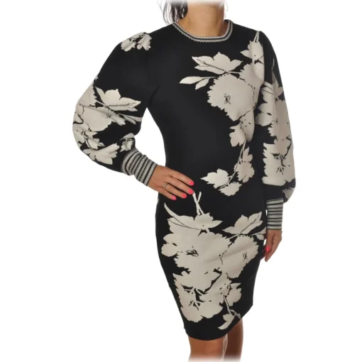 Twinset - Crew-neck Dress in Flower Pattern - Black/White - Dress - Made in Italy - Luxury Exclusive Collection - Avvenice