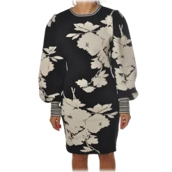 Twinset - Crew-neck Dress in Flower Pattern - Black/White - Dress - Made in Italy - Luxury Exclusive Collection - Avvenice