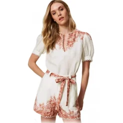 Twinset - Floral Fantasy Linen Short - White/Pink - Trousers - Made in Italy - Luxury Exclusive Collection - Avvenice^ Trousers