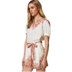 Twinset - Floral Fantasy Linen Short - White/Pink - Trousers - Made in Italy - Luxury Exclusive Collection - Avvenice^ Trousers