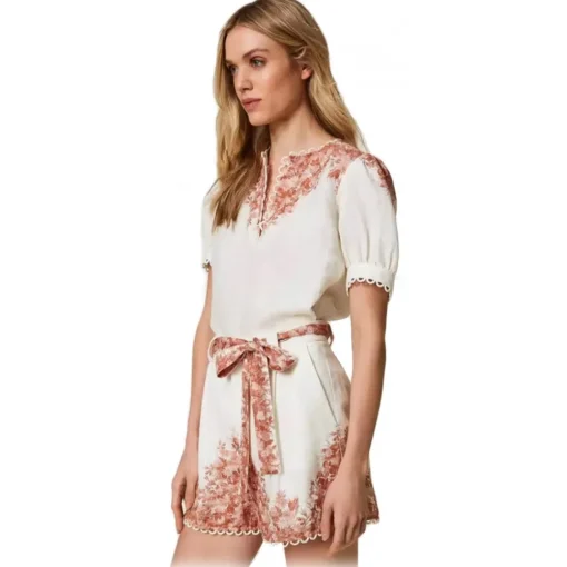 Twinset - Floral Fantasy Linen Short - White/Pink - Trousers - Made in Italy - Luxury Exclusive Collection - Avvenice^ Trousers