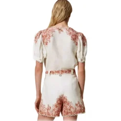Twinset - Floral Fantasy Linen Short - White/Pink - Trousers - Made in Italy - Luxury Exclusive Collection - Avvenice^ Trousers