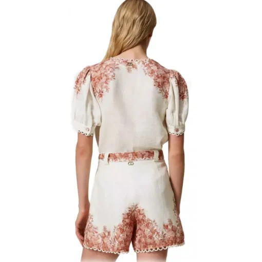Twinset - Floral Fantasy Linen Short - White/Pink - Trousers - Made in Italy - Luxury Exclusive Collection - Avvenice^ Trousers