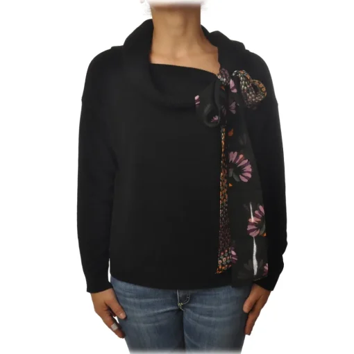 Twinset - High Ring Neck Sweater with Ribbon - Black - Knitwear - Made in Italy - Luxury Exclusive Collection - Avvenice^ Knitwears