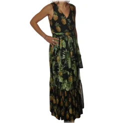 Twinset - Long Dress Sleeveless in Pineapple Print - Black - Dress - Made in Italy - Luxury Exclusive Collection - Avvenice