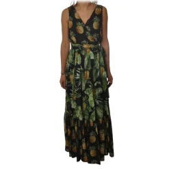 Twinset - Long Dress Sleeveless in Pineapple Print - Black - Dress - Made in Italy - Luxury Exclusive Collection - Avvenice