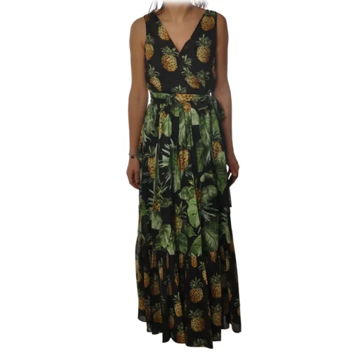 Twinset - Long Dress Sleeveless in Pineapple Print - Black - Dress - Made in Italy - Luxury Exclusive Collection - Avvenice