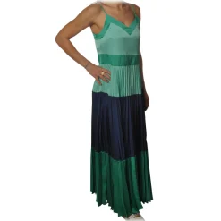 Twinset - Long Dress with Pleated Skirt in Satin - Green/Blue - Dress - Made in Italy - Luxury Exclusive Collection - Avvenice