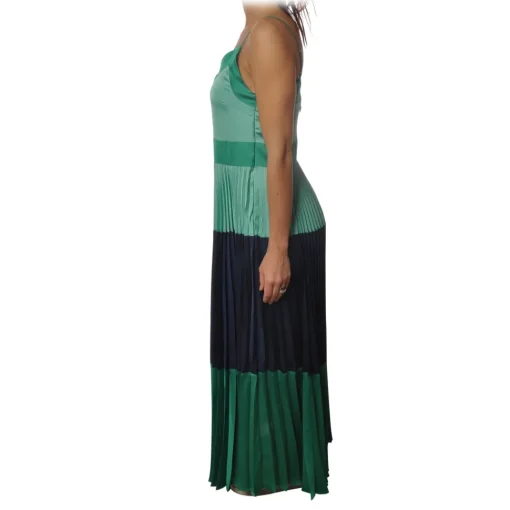Twinset - Long Dress with Pleated Skirt in Satin - Green/Blue - Dress - Made in Italy - Luxury Exclusive Collection - Avvenice