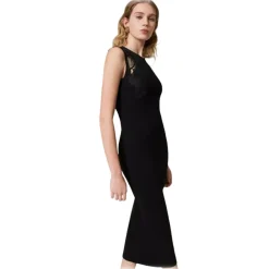 Twinset - Longuette Dress with Macramé Lace Inserts - Black - Dresses - Made in Italy - Luxury Exclusive Collection - Avvenice^ Dresses