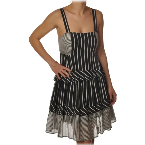 Twinset - Striped Flounced Dress with Thin Straps - Black/White - Dress - Made in Italy - Luxury Exclusive Collection - Avvenice^ Dresses