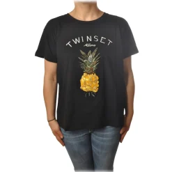 Twinset - T-Shirt with Pineapple Embroidery and Writing - Black - T-shirt - Made in Italy - Luxury Exclusive Collection - Avvenice