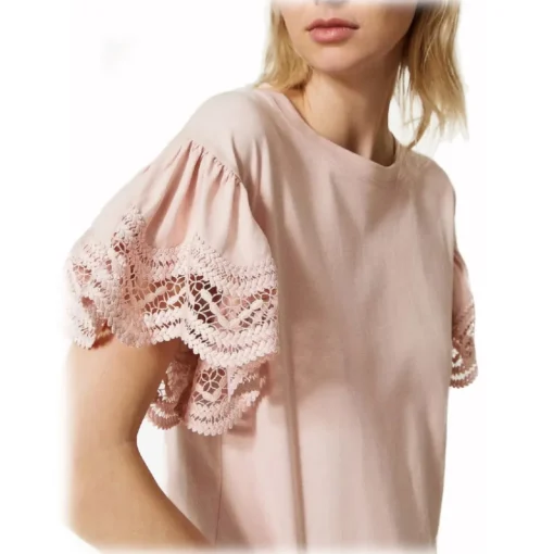 Twinset - T-Shirt with Wide Lace Sleeves - Pink - T-Shirt - Made in Italy - Luxury Exclusive Collection - Avvenice