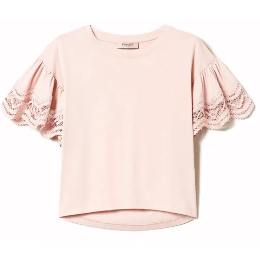 Twinset - T-Shirt with Wide Lace Sleeves - Pink - T-Shirt - Made in Italy - Luxury Exclusive Collection - Avvenice