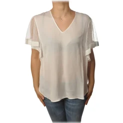 Twinset - V-neck Blouse Short Sleeves in Tulle - White - Shirt - Made in Italy - Luxury Exclusive Collection - Avvenice^ Shirts