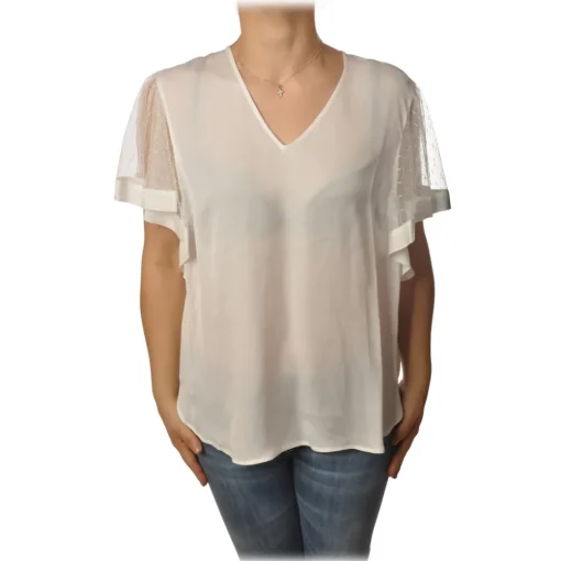 Twinset - V-neck Blouse Short Sleeves in Tulle - White - Shirt - Made in Italy - Luxury Exclusive Collection - Avvenice^ Shirts