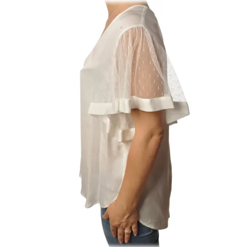 Twinset - V-neck Blouse Short Sleeves in Tulle - White - Shirt - Made in Italy - Luxury Exclusive Collection - Avvenice^ Shirts