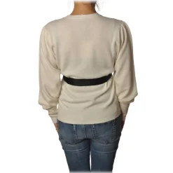 Twinset - V-Neck Sweater with Belt in Contrasting Color - White - Knitwear - Made in Italy - Luxury Exclusive Collection - Avvenice