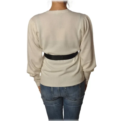 Twinset - V-Neck Sweater with Belt in Contrasting Color - White - Knitwear - Made in Italy - Luxury Exclusive Collection - Avvenice